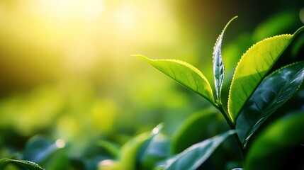 Obraz premium The fresh morning light highlights the bright green color and delicate texture of the tea leaves, capturing the peaceful and lush atmosphere of the tea garden.