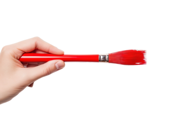 A Hand Holding a Vibrant Red Paintbrush Ready to Create on a White or Clear Surface PNG Transparent Background