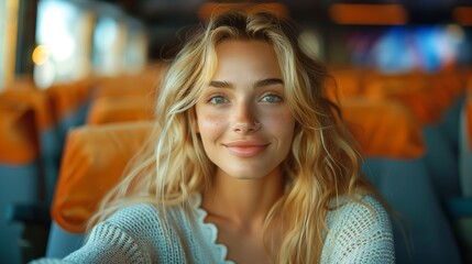 Young Woman Smiling While Traveling on a Bus With Empty Seats Around Her