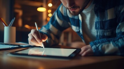 student taking notes during an online lecture, with a tablet and stylus, sitting at a modern desk