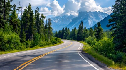 Fototapeta premium Winding road trees mountain, countryside nature highway travel journey landscape