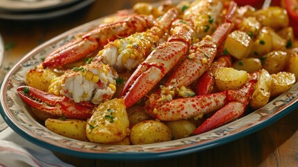 A plate of food with a crab and potatoes on it