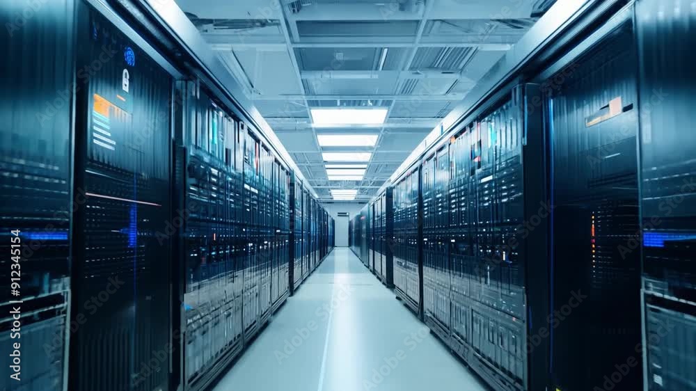 Poster rows of sleek server racks fill a high-tech data center, illuminated by bright led lights, highlight