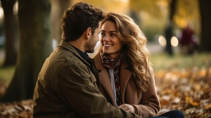 Fototapeta premium Couple in love relaxing in a park, photography. 