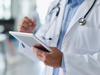 Medical Professional Engaging With Digital Tablet While Attending to Patients in Hospital Setting