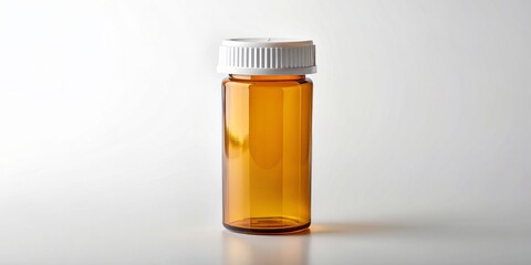 Empty transparent glass prescription bottle with white cap stands upright on a pure white background, awaiting label or contents, symbolizing health and medication.