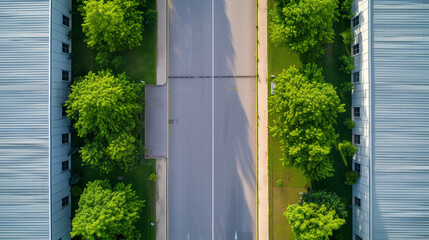 Aerial view of an expansive industrial park with green trees lining the wide street between buildings.