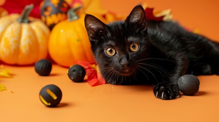 A charming black cat against a bright Halloweenthemed orange background, ideal for festive designs