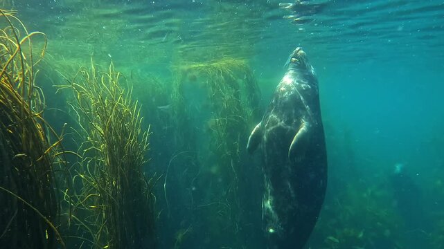 young grey seal (Halichoerus grypus) sleeps in a vertical position (candle position), eyes closed, and gently brings its nose out of the water to breathe, then descends a few centimeters and continues
