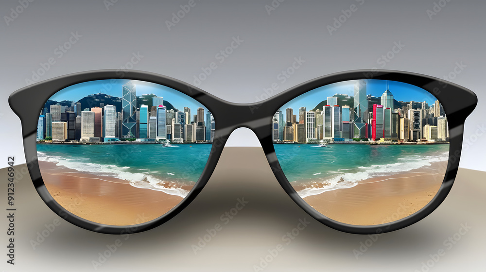 Wall mural eyeglasses with cityscape reflection in the lenses.