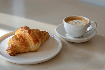 A warm croissant placed on a minimalist white plate, accompanied by a cup of rich espresso