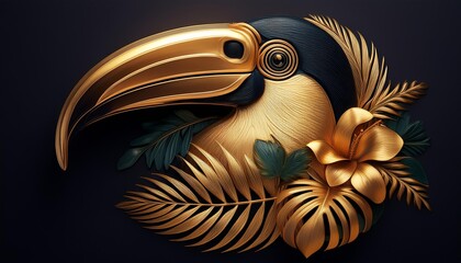 Develop a vintage-inspired logo of a golden toucan with tropical flair.