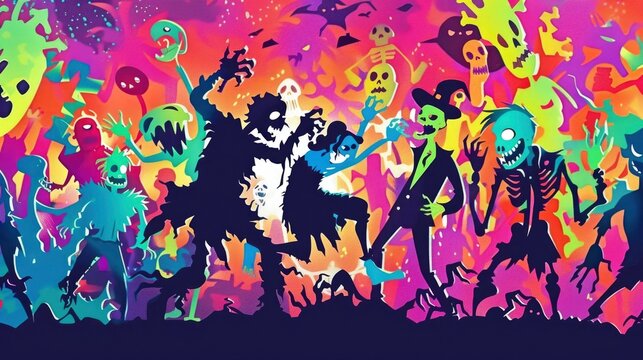 Monsters dancing in a neon-colored Halloween party