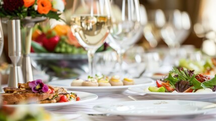 Guests enjoy a beautifully arranged dinner table with gourmet dishes and fine wine at a social gathering