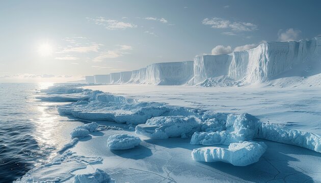 Majestic view of a glacier with icy blue crevasses and a clear sky