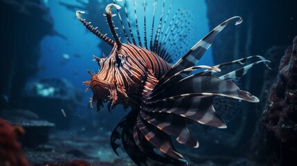Closeup of lionfish navigating shipwreck