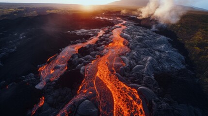 Lava flow cascading mountain drone view