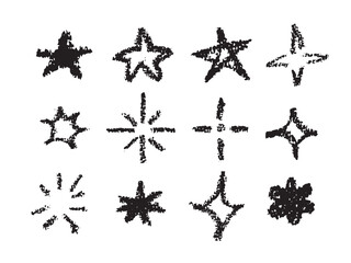 Set with different childish stars, hand drawn with crayon, kids drawing style. Isolated vector illustrations