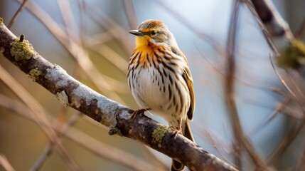 Feathered bird resting on sturdy tree limb