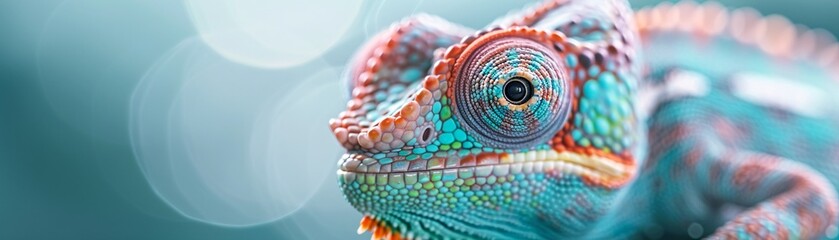 Fototapeta premium Hyper-realistic close-up of a chameleon's skin, color-changing chromatophores in action, scales and ridges in tack-sharp focus, shot on professional DSLR camera,