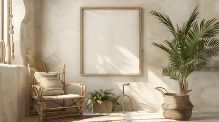 Frame & poster mockup in Boho style interior. 3d rendering, 3d illustration