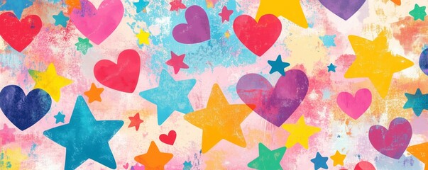 A lively background filled with colorful hearts and stars in diverse patterns