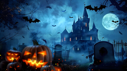 Ghostly Halloween Castle 4k Loop opens with bats flying and camera panning back to reveal a graveyard with a castle and pumpkins with flying ghosts