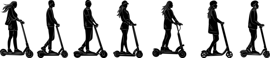 set of people riding scooter silhouette on white background, vector © zolotons