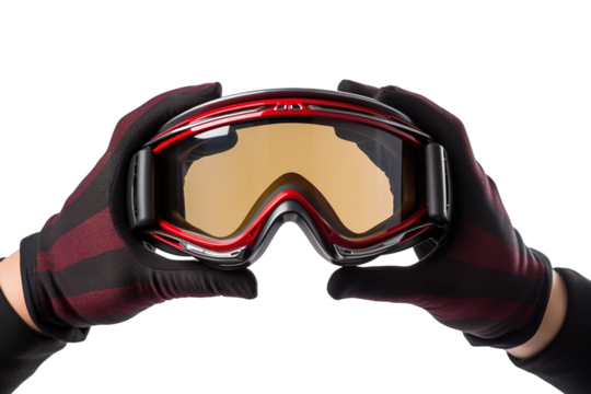 Red And Black Ski Goggles Held By Gloved Hands Against A White Background on a White or Clear Surface PNG Transparent Background