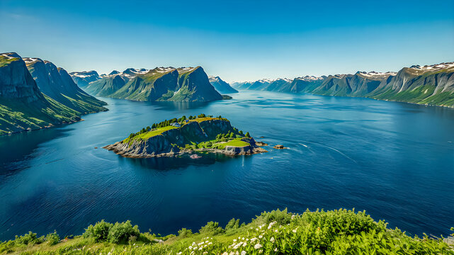 Magnificent summer view with small island with typical Nordic building on flord, calm North sea. Colorful morning view. Beauty of nature concept background. Idyllic travel design. AI generated