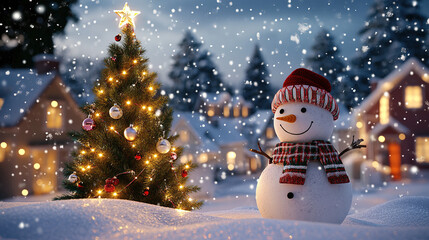 Obraz premium Snowy Outdoor Christmas Scene with a Decorated Pine Tree, Glowing Lights, and a Snowman Wearing a Scarf and Hat, Set Against Snow-Covered Houses and Twinkling Stars