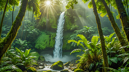 Beautiful waterfall in the middle of the forest, lush green foliage, dream nature landscape. Calm waterfall, tranquil peaceful inspire meditation background design. Perfect nature, sunlight beauty. AI