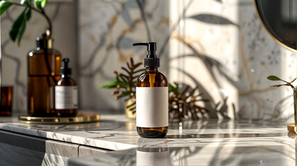 Skincare cosmetics product brown bottle with pump in bathroom mockup