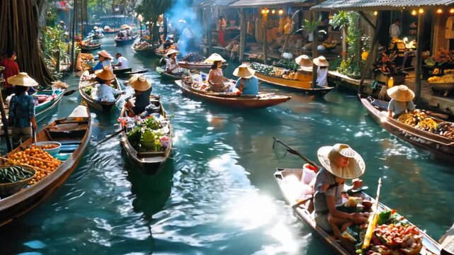A floating market where vendors sell food on boats.