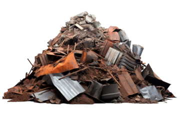 A Mountain of Rusted Dreams: A Pile of Scrap Metal and Concrete Debris Against a White Background on a White or Clear Surface PNG Transparent Background