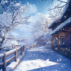 Naklejka premium Frosty Paradise: A High-Quality Hand-Drawn Illustration Capturing the Tranquility of a Snowy Environment, Embracing the Season's Charm with Unique and Vivid Anime Style.
