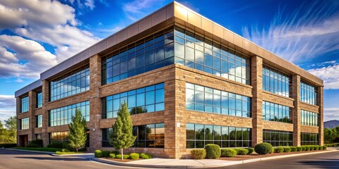 Contemporary brown stone office building exterior features sleek mirrored glass windows reflecting the vibrant blue sky, emphasizing modern architectural style and urban sophistication.