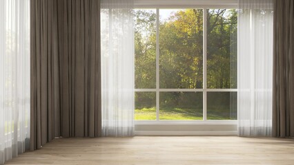 Empty room with double layer curtain, brown blackout and white sheer curtain in sunlight from backyard with trees on laminated parquet floor for furniture, interior design decoration background 3D