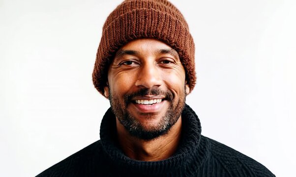 Medium shot portrait video of a grinning man in his 40s wearing a warm beanie or knit hat against a white background