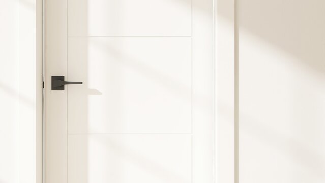 Close up of cream white door with black knob lever handle bar in sunlight from window on wall for interior design decoration, product background 3D