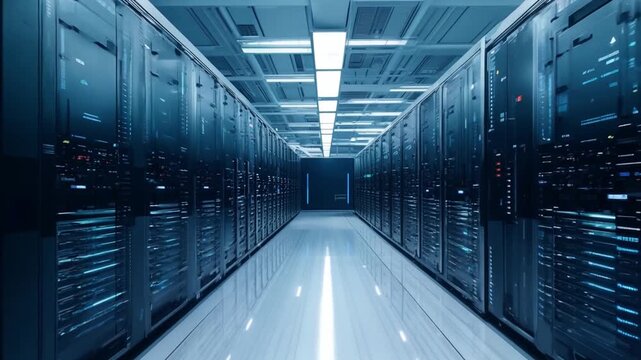 A spacious corridor of a data center showcases rows of servers bathed in cool fluorescent lighting.