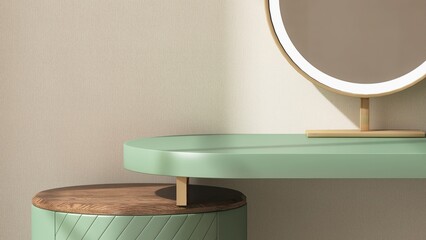 Modern, minimal green dressing table, gold steel frame round vanity mirror with LED light in...
