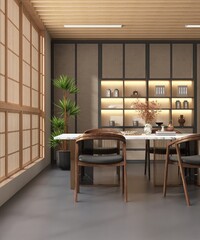 Luxury oriental dining room with white marble table, wooden chair, rattan cabinet wall in sunlight from shoji window for luxury, oriental interior design decoration, product background 3D