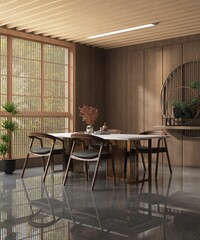 Oriental, luxury wood panelling wall dining room with white marble top dining table and wooden chair, bonsai tree in sunlight from shoji window for interior design decoration, product background 3D