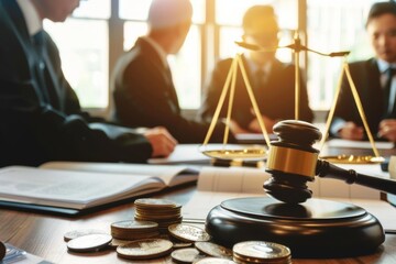 Inside a legal office with gavel, justice scales, law books, and people discussing work at a desk in black suits. Coins, a wooden pen, and papers lie on the table under sunlight on a bright day.