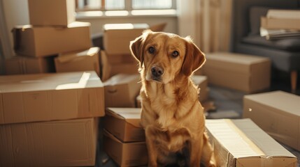 The dog among moving boxes