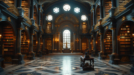 Fototapeta premium Old Library Packed With Books And Cool Lighting