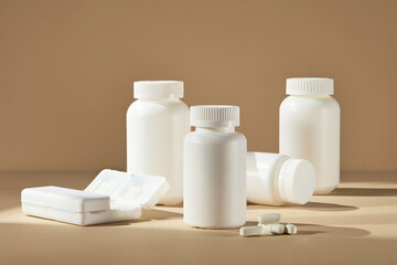Mockup for advertising with plenty white unbranded medicine bottles displayed on beige table, next to a pill box and flat lay white tablets, on brown background. Front view, designing space