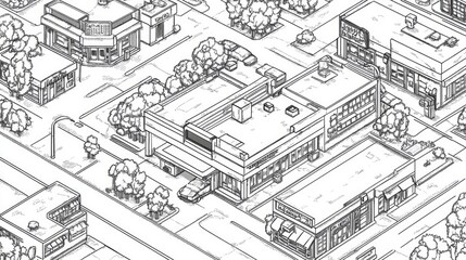 Fototapeta premium Intricate map of a village gas station, designed in a coloring book style with black and white lines.