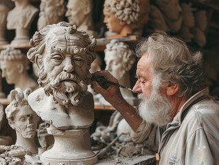 Craftsman Skillfully Sculpting Detailed Bust of Historical Figure in Workshop